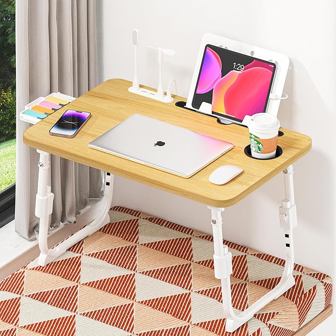 Lap Desk for Bed, Adjustable Laptop Desk with USB Charging Port, Storage Drawer & Bookshelf โ Foldable Bed Desk for WFH & Students, 23.6" Desktop Fits 22" Laptop, Non-Slip, Wood