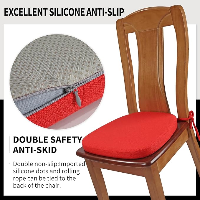 SINOSSO 4 Pack Memory Foam Chair Cushions for Dining Chairs, Friendly Woven Fabric 16" U-Shape Comfortable Kitchen Chair Pads, Removable Slip Resistant Seat Cushions (Set of 4, Red)