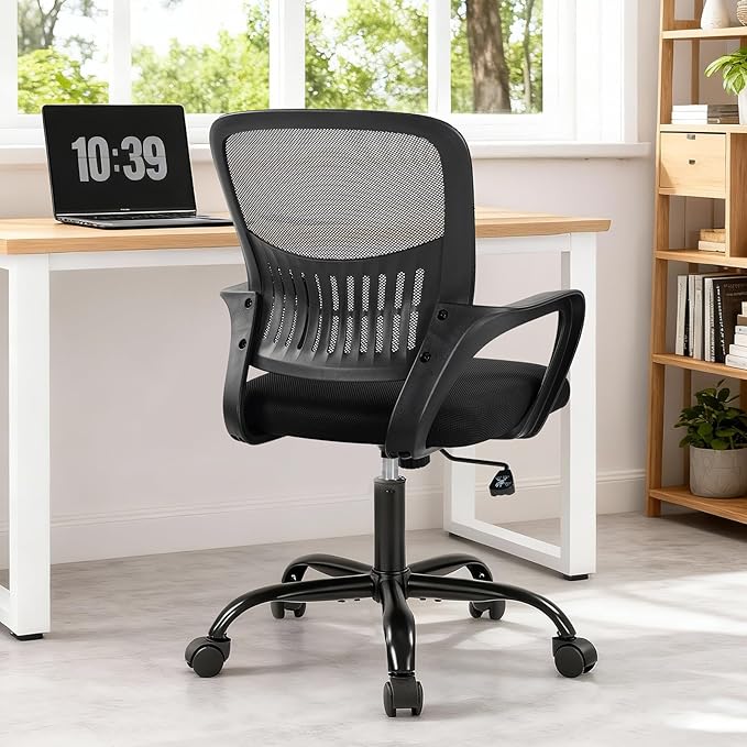 DUMOS Home Office Desk Chair - Ergonomic Mid Back with Lumbar Support & Rocking Mode, Height Adjustable with Fixed Armrest, for Conference, Computer, Meeting Room, 360° Swivel, Adults, Black