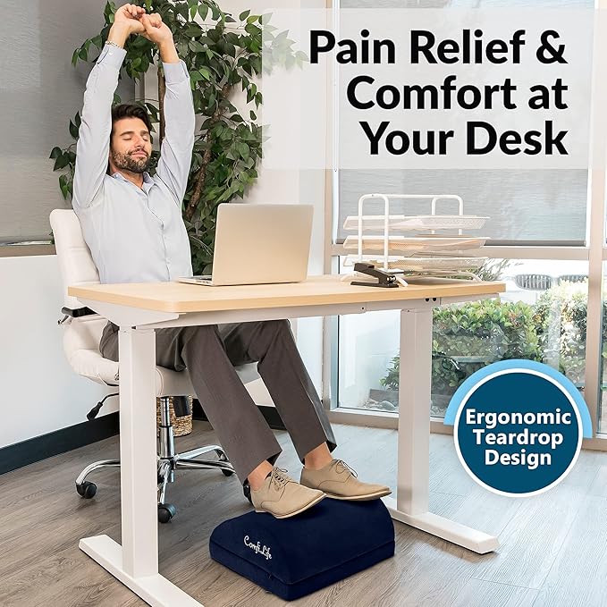 ComfiLife Foot Rest for Under Desk at Work – Adjustable Desk FootRest for Office Chair, Gaming Accessories – Ergonomic Teardrop Design for Back, Hip & Leg Pain Relief – 100% Memory Foam (Navy)