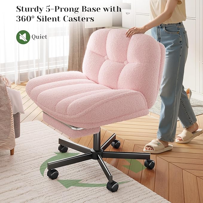 DurayLoly Criss Cross Office Chair with Footrest, 6.3" Thick Cushioned Cross Legged Office Chair with Wheels, Reclining & Height Adjustable, Swivel Armless Vanity Chair for All-Day Comfort (Pink)