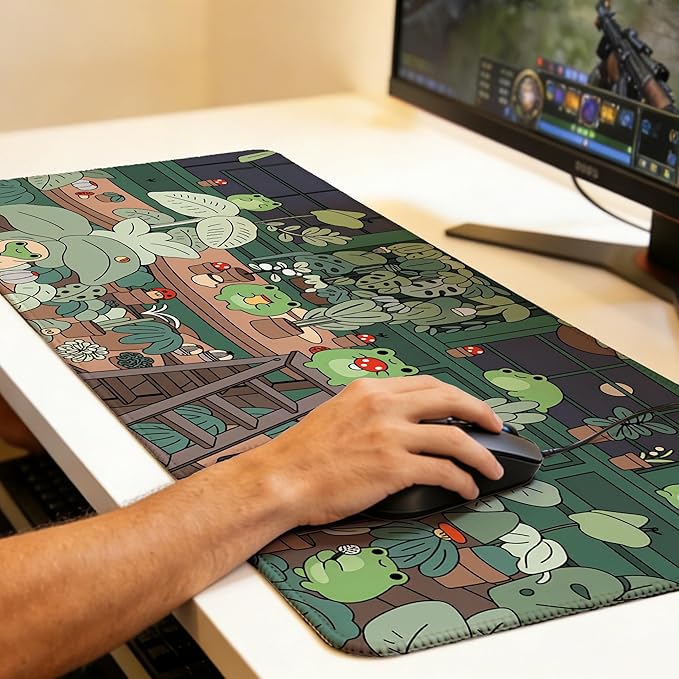 Cute Frog Mouse Pad,35.4 x 15.7 Inch Large Mouse Mat Non-Slip Rubber Stitched Edges for Writing Desk,Office,Home,Laptop