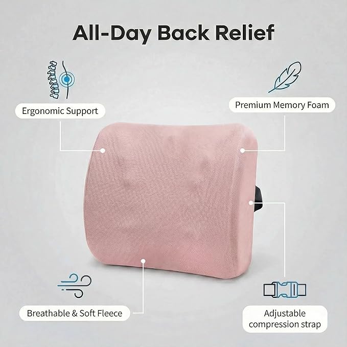 Poshetion Lumbar Support Pillow for Office Chair & Car – Memory Foam Back Cushion with Adjustable Straps & Breathable Mesh Cover(Pink)