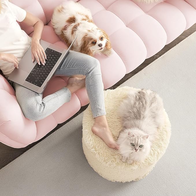 Hansleep Round Stuffed Pouf Ottoman 20 x 15, Foam Filled Faux Fur Ottoman Foot Rest for Chair with Washable Cover, Foot Stools Under Desk for Living Room & Bedroom, Beige