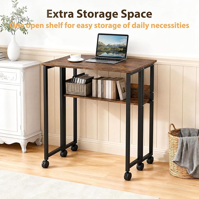Folding Desk Small Rolling Desk with Storage Shelf,24.8 Inch Foldable Computer Table with Wheels,Portable Office Desk for Small Space Sofa Table,Easy to Fold,Writing Work Office Computer Desk,Walnut