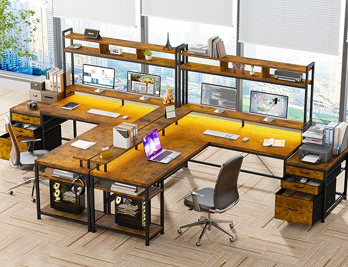 EnHomee 64 x 60 Inch Reversible L Shaped Gaming Desk with Hutch, 3 Drawers, Power Outlet & LED Lights, Two Person Corner Computer Desk with Monitor Stand for Home Office, Bedroom, Living Room