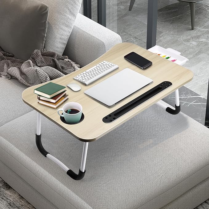 Slendor Lap Desk with Tablet Slot, Foldable Laptop Table with Storage Drawer,Portable Bed Desk for Laptop, Computer Tray with Cup Holder Notebook Stand Reading Holder for Couch Floor, White Maple