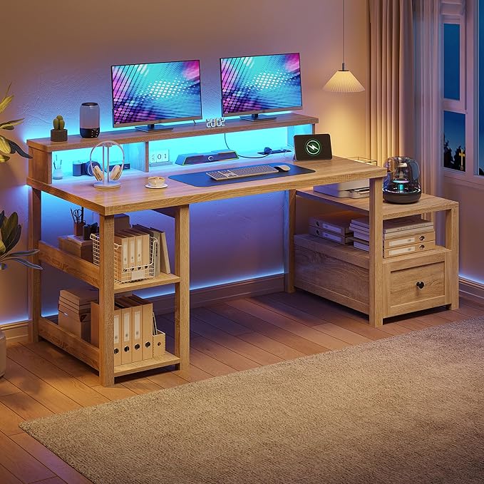 EnHomee 60.4" Farmhouse Computer Desk with Drawer & Power Outlet, Gaming Desk with LED Light, Office Desk with Monitor Stand, Study Desk, Work Desk for Home, Study Room, Bedroom, Natural Oak Finish