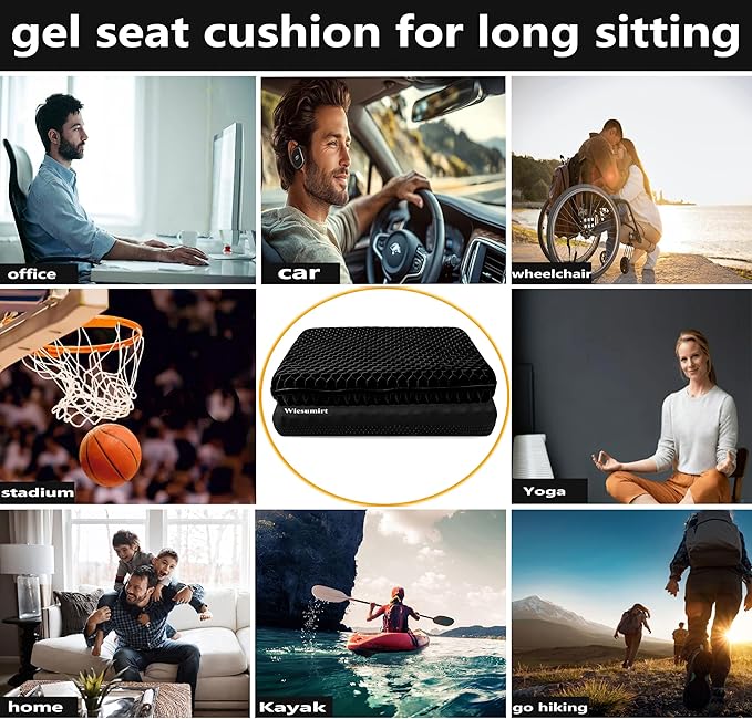 Plus Size Gel Seat Cushion for Long Sitting, Extra Large and Thick, Seat Cushion for Back, Sciatica, Hip, Tailbone Pain Relief, Used for The Office, Wheelchair, Car, Recliner, Stadium, Kayka.(Black)