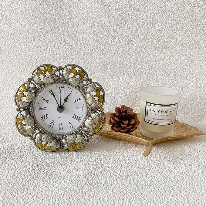 Silent Mini Vintage Analog Table Clock with Hand-Painted Metal Body and Battery Operated Non-Ticking Core for Shelf, Bedroom, Bedside, Desk, Gift Clock