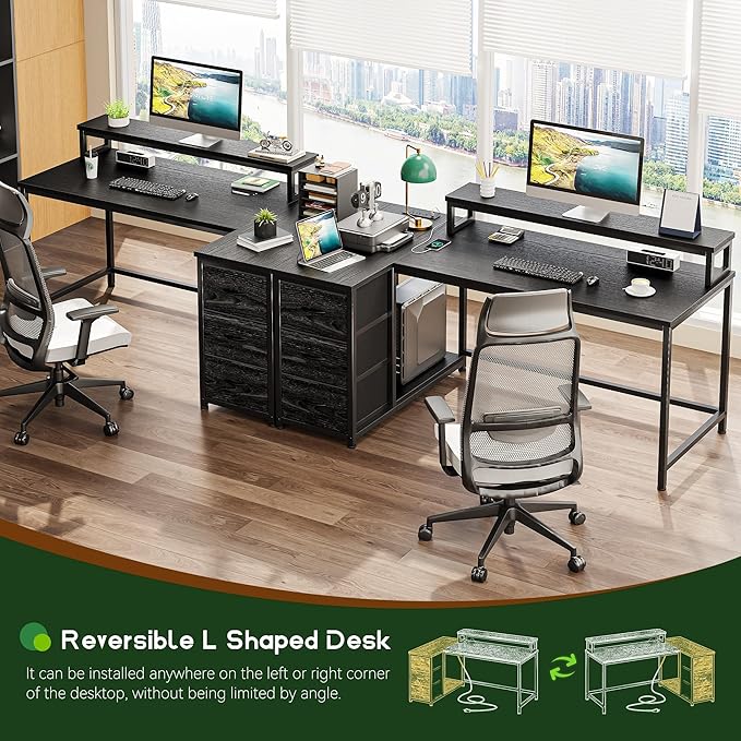 EnHomee 48Inch L Shaped Gaming Desk with LED Lights & Power Outlet, Reversible Computer Desk with Monitor Stand & 3 Drawers Corner Desk with for Gaming,Study Room,Home Office,Bedroom,Black