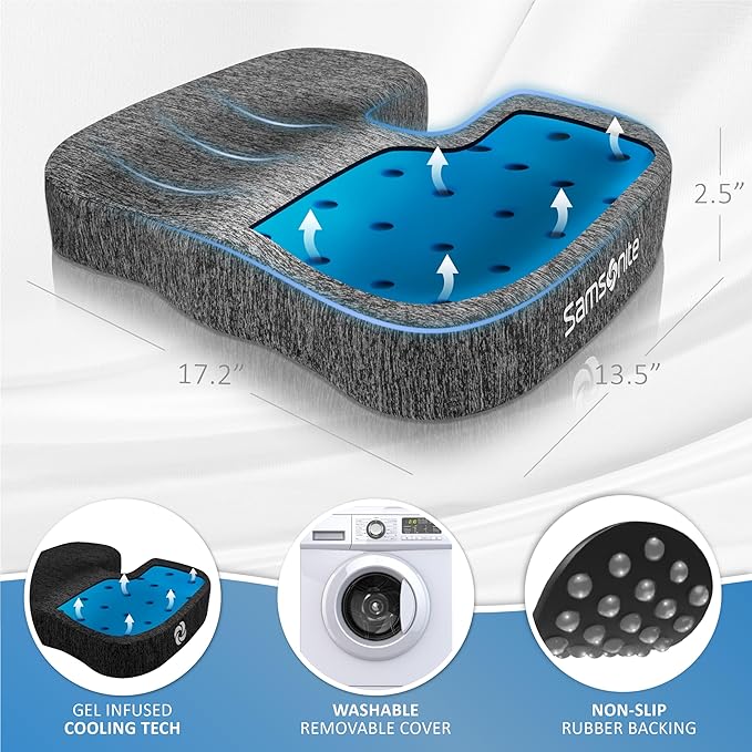 Samsonite Gel Infused Seat Cushion โ Ergonomic Cushion for Office Chair, Tailbone Pressure Pad, Coccyx Support for Sciatica, Memory Foam Seat for Car, Desk, or Gaming Chair Use, Grey