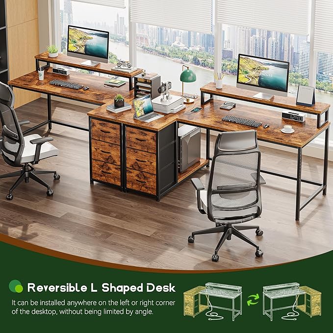 EnHomee 48" L-Shaped Computer Desk with 3 Drawers, 35.4" Monitor Riser, RGB LED Lights,3 AC outlets & 1 Type-C Charging Station, Reversible Corner Gaming Desk for Home Office, Study Room,Rustic Brown