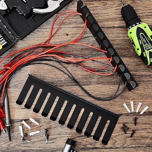 Beeveer 4 Pcs 10 Slots Wall Mountable Cable Hanger, Cable Rack Organizer Holder with Slots Width from 5-9mm, Sturdy Cables Holder Black for Cord Management Rack Home Office Studio