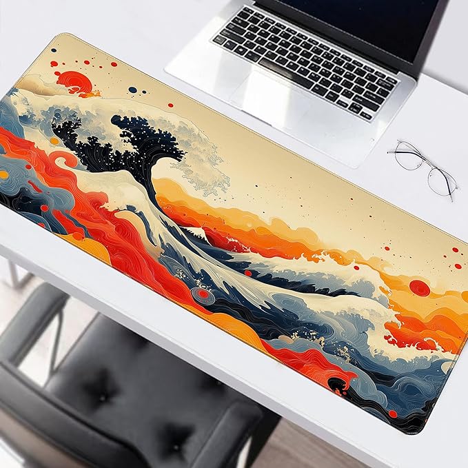 Long Gaming Mouse Pad Extended Anime Large Desk Pad with Non-Slip Base Full Keyboard Mat with Stitched Edges for Gaming and Office 31.5 x 11.8 inches (Watercolor Wave)