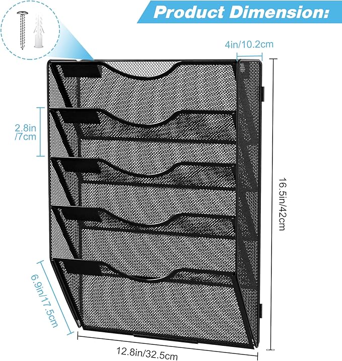 Wall Hanging File Holder 5 Pocket Wall Mounted Paper Organizer Magazine File Holder Storage Rack,Black