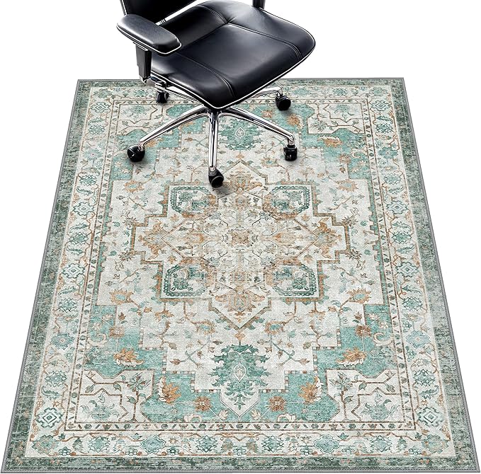 36"x48" Office Chair Mat for Hardwood Tile Floor, Under Desk Carpet Protector for Rolling Computer Chair Mat, Machine Washable Area Rug, Anti-Slip 1/5" Thick Low Pile Thin Vinyl Floor Mat, Cyan