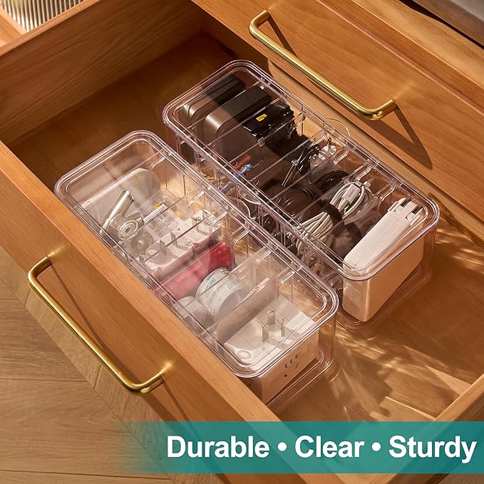 Cord Organizer Box 2 Pack – Clear Cable Organizer with Adjustable Dividers, Fits Up to 10ft Cables, Cord Storage Organizer for Chargers & Tech Accessories – Includes 16 Velcro Ties