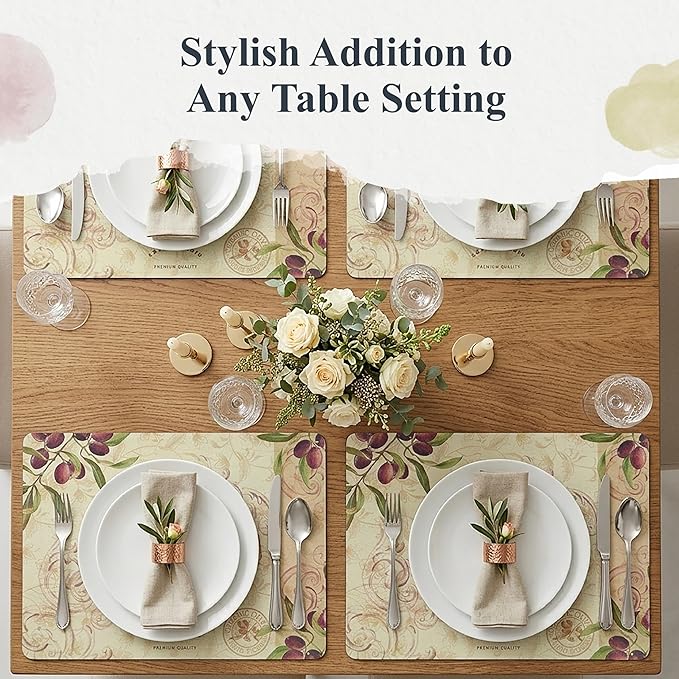 Pimpernel Olive Orchard Placemats, Set of 4 - Decorative Table Placemats with Rustic Village & Olive Branch Design, Heat & Stain Resistant, Cork Backed, Perfect for Kitchen, Dining & Entertaining