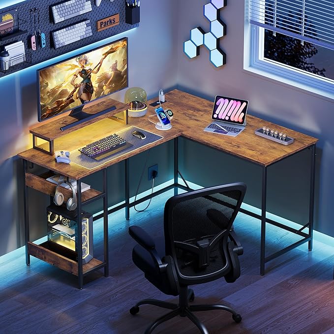 DEVAISE Spacious 55" L Shaped Gaming Desk with LED Lights and Power Outlets - Reversible Corner Computer Table with Monitor Stand and Storage Shelves for Work and Gaming, Rustic Brown