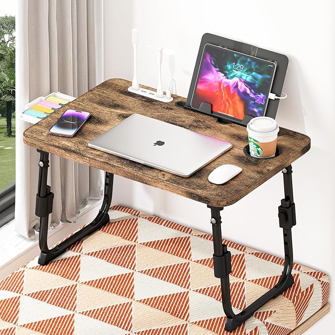 Lap Desk for Bed, Adjustable Laptop Desk with USB Charging Port, Storage Drawer & Bookshelf โ Foldable Bed Desk for WFH & Students, 23.6" Desktop Fits 17" Laptop, Non-Slip, Carbonized