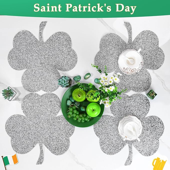 Silver Placemat, Sparkle Glitter Rhinestones Table Mat Crushed Diamond Shamrock Table Placemat 16inch for St. Patrick's Day Home Kitchen Dinning Decorations
