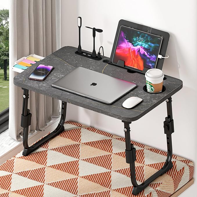 Lap Desk for Bed, Adjustable Laptop Desk with USB Charging Port, Storage Drawer & Bookshelf โ Foldable Bed Desk for WFH & Students, 23.6" Desktop Fits 17" Laptop, Non-Slip, Deep Stone Texture