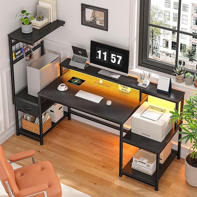 DurayLoly 55" Gaming Desk with LED Lights & Outlets,Computer Desk with Drawers & Monitor Stand,Gaming Table with 3 Storage Shelves, Hooks& Printer Space for Game&Study Room,Home Office,Bedroom,Black