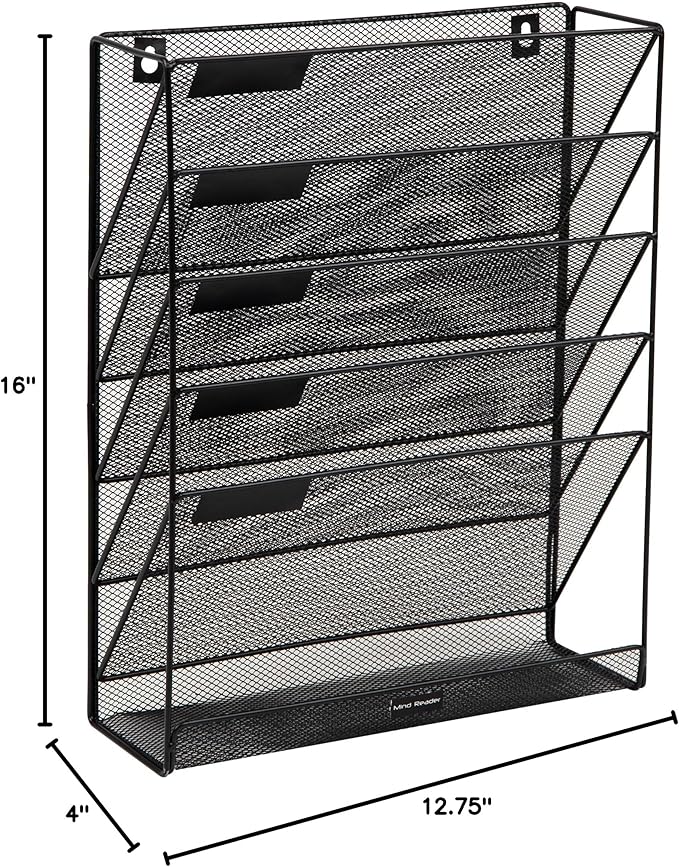 Mind Reader 5-Tier Vertical File Storage, Desktop Organizer, Wall Mount, Office, Metal Mesh, 12.75" L x 4" W x 16" H, Black (Pack of 4)