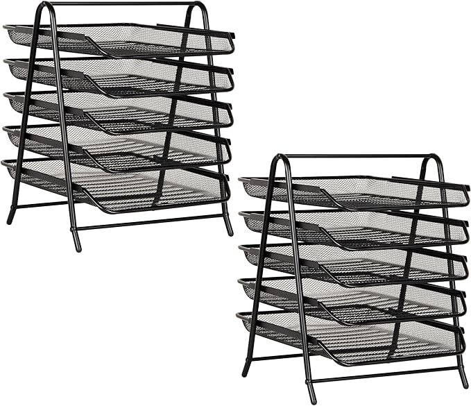 Mind Reader 5-Tier Paper Tray, Desktop Organizer, File Storage, Office, Metal Mesh, 11.75"L x 14"W x 15"H, Set of 2, Black