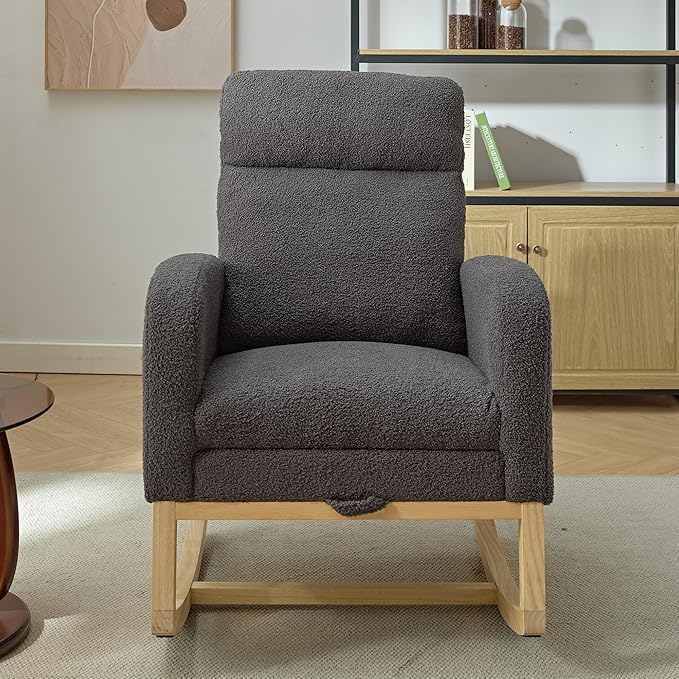 Nursery Rocking Chair with Foot Rest, Teddy Upholstered Nursery Glider Rocker Chair with Solid Wood Legs & 2 Side Pockets Comfy Armchair for Living Room Lounge Bedroom (A-Grey)