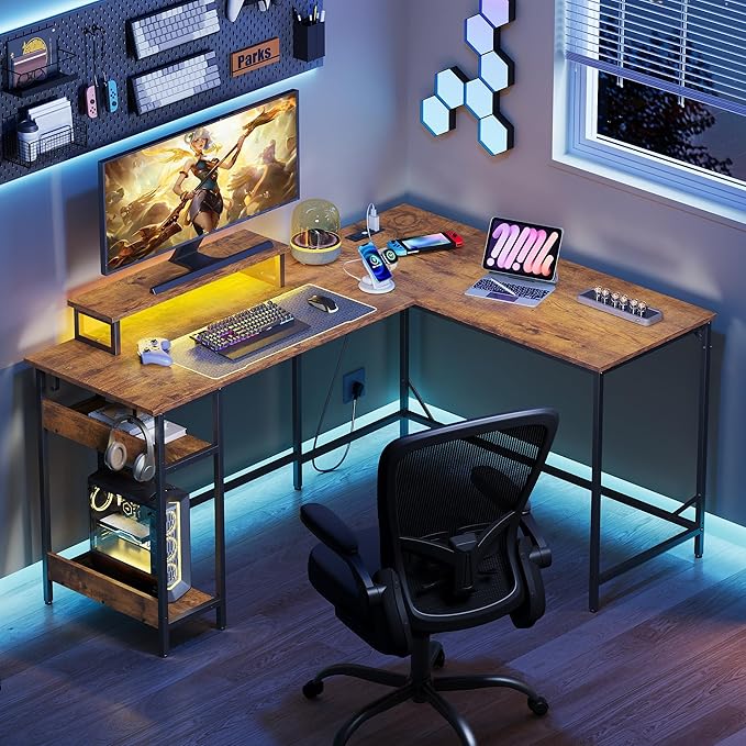 DEVAISE Full-Size 60" L Shaped Gaming Desk with LED Lights and Power Outlets - Reversible Corner Computer Table with Monitor Stand and Storage Shelves for Work and Gaming, Rustic Brown
