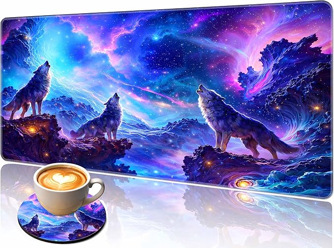Extended Large Mouse Pad 31.5 x 11.8 Inches – AiLiTeck Premium Desk Mat Mousepad with Stitched Edges, Waterproof, Non-Slip Rubber Base for Office Home, Includes Coaster–Wolf Galaxy