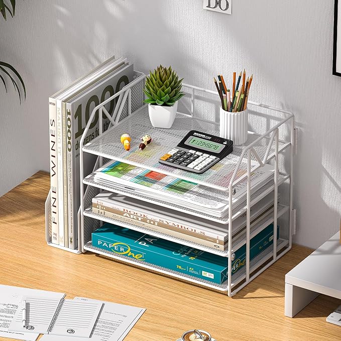 4-Tier Paper File Organizer with Drawer, Metal Desk Organizer, Tiered Paper Tray for Letter/A4 Files, Desktop Office Supplies Storage Rack, White