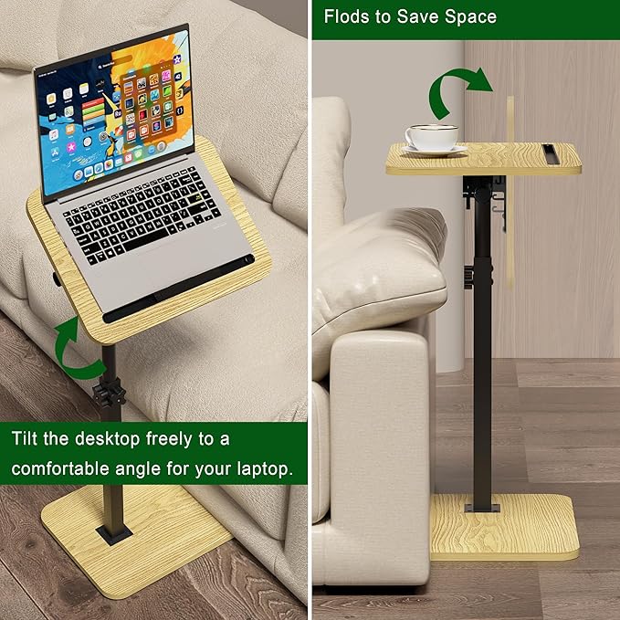 360° Swivel Sofa Side Table for Couch - Set of 2 - Adjustable Height Laptop Table for Work, TV Trays Table for Snacks Reading fits Bed Chair with Phone & Tablet Slot