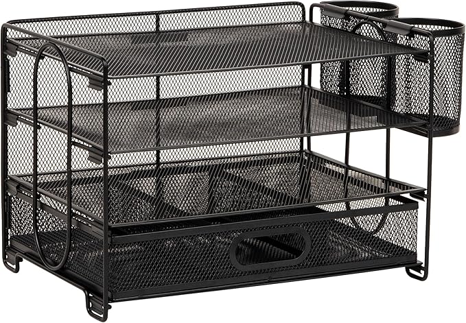Mind Reader Mesh Desk Organizer, 3 Trays, 1 Drawer, 2 Pen Holders, Office Desktop Organizer, Metal Mesh, Black