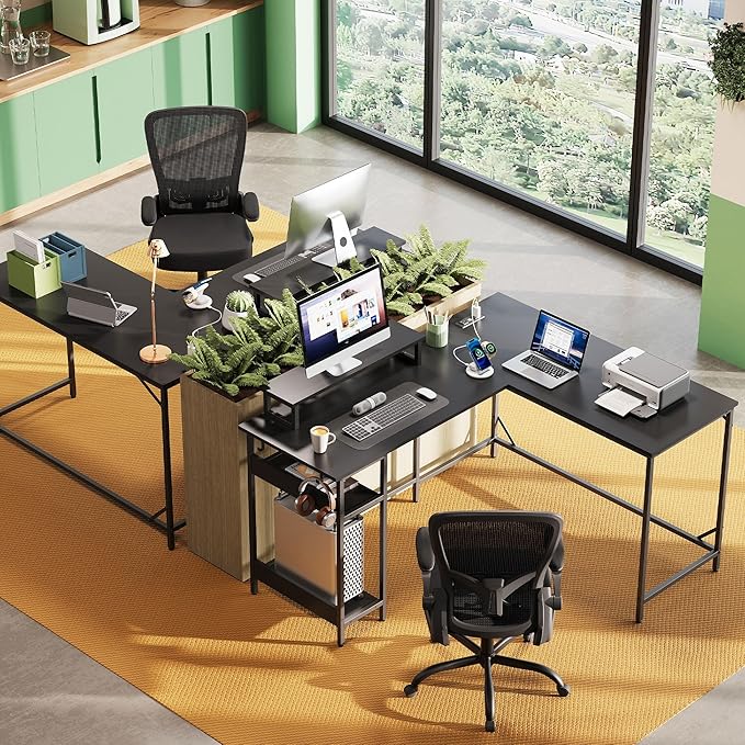 DEVAISE Spacious 55" L Shaped Gaming Desk with LED Lights and Power Outlets - Reversible Corner Computer Table with Monitor Stand and Storage Shelves for Work and Gaming, Black