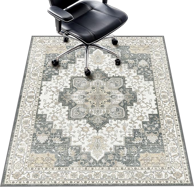 48"x60" Office Chair Mat for Hardwood Tile Floor, Under Desk Carpet Protector for Rolling Computer Chair Mat, Machine Washable Area Rug, Anti-Slip 1/5" Thick Low Pile Thin Vinyl Floor Mat, Grey