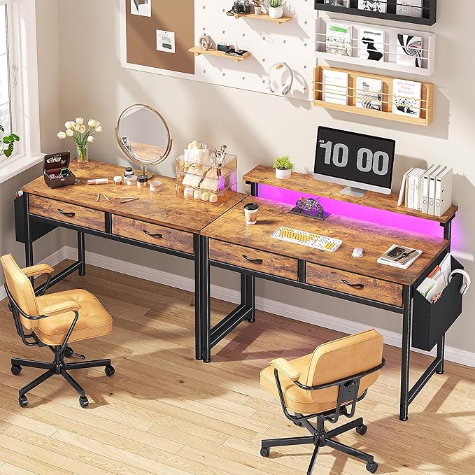 Gaming Desk with LED Lights with 2 Drawers, 31 Inch Desk Home Office Desk Computer Desk with Side Pocket & Ergonomic Monitor Stand, Small Space Study Writing Table with Anti-Tip Design, Rustic Brown