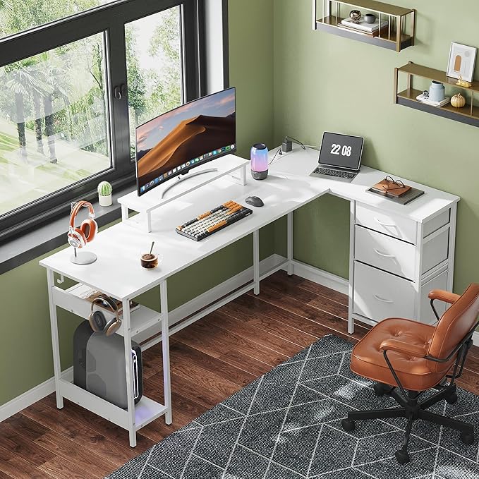 DEVAISE 66 Inch L Shaped Gaming Desk with Drawers and Storage, Corner Desk with LED Lights, Power Outlets, Computer Desk with Monitor Stand, Office Desk for Home, White