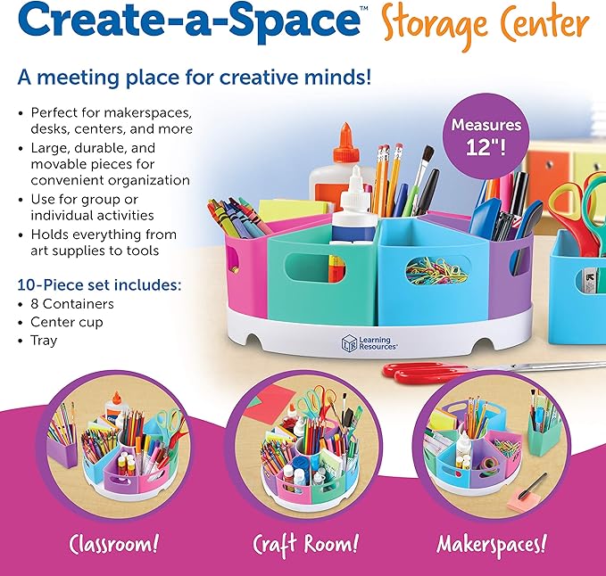Learning Resources Create-a-Space Storage Center Pastel - Rotating Caddy Organizer for Kids, Art Supply Organizers for Markers, Pens and Pencils, Classroom Table Caddy for Teachers