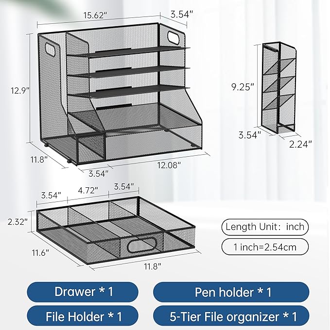 SUPEASY Desk Organizer with File Holder, 5-Tier Mesh Paper Letter Tray and 3 Tilted File Sorter for Office Supplies, Black