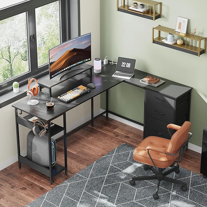 DEVAISE 60 Inch L Shaped Gaming Desk with Drawers and Storage, Corner Desk with LED Lights, Power Outlets, Computer Desk with Monitor Stand, Office Desk for Home, Black