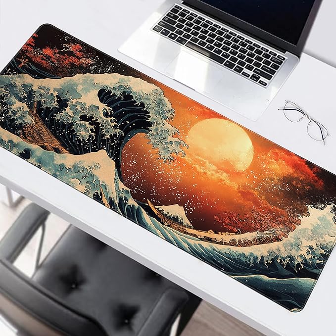 Long Gaming Mouse Pad Extended Anime Large Desk Pad with Non-Slip Base Full Keyboard Mat with Stitched Edges for Gaming and Office 31.5 x 11.8 inches (Orange Wave)