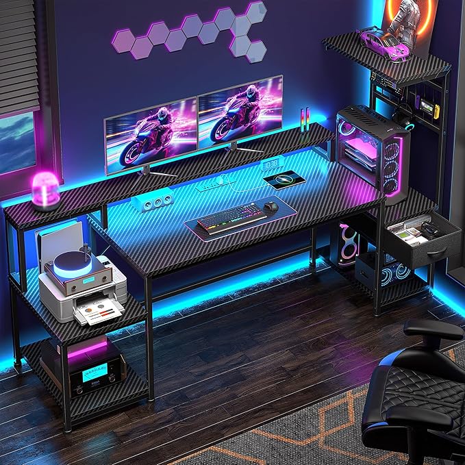 DurayLoly 63" Gaming Desk with LED Lights & Outlets,Computer Desk with Drawers & Monitor Stand,Gaming Table with 3 Storage Shelves, Hooks& Printer Space for Game&Study Room,Home Office,Bedroom,Black
