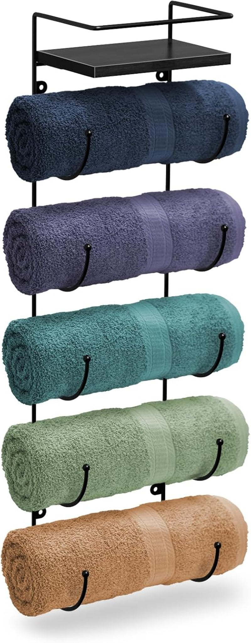 Bathroom Towel Holder - 5 Tier Metal Towel Rack with Wood Shelf for Rolled Bath Towels, Washcloths, Linens, Hand Towels, Soaps & Accessories - Wall Mounted Towel Rack for Bathroom Towel Storage