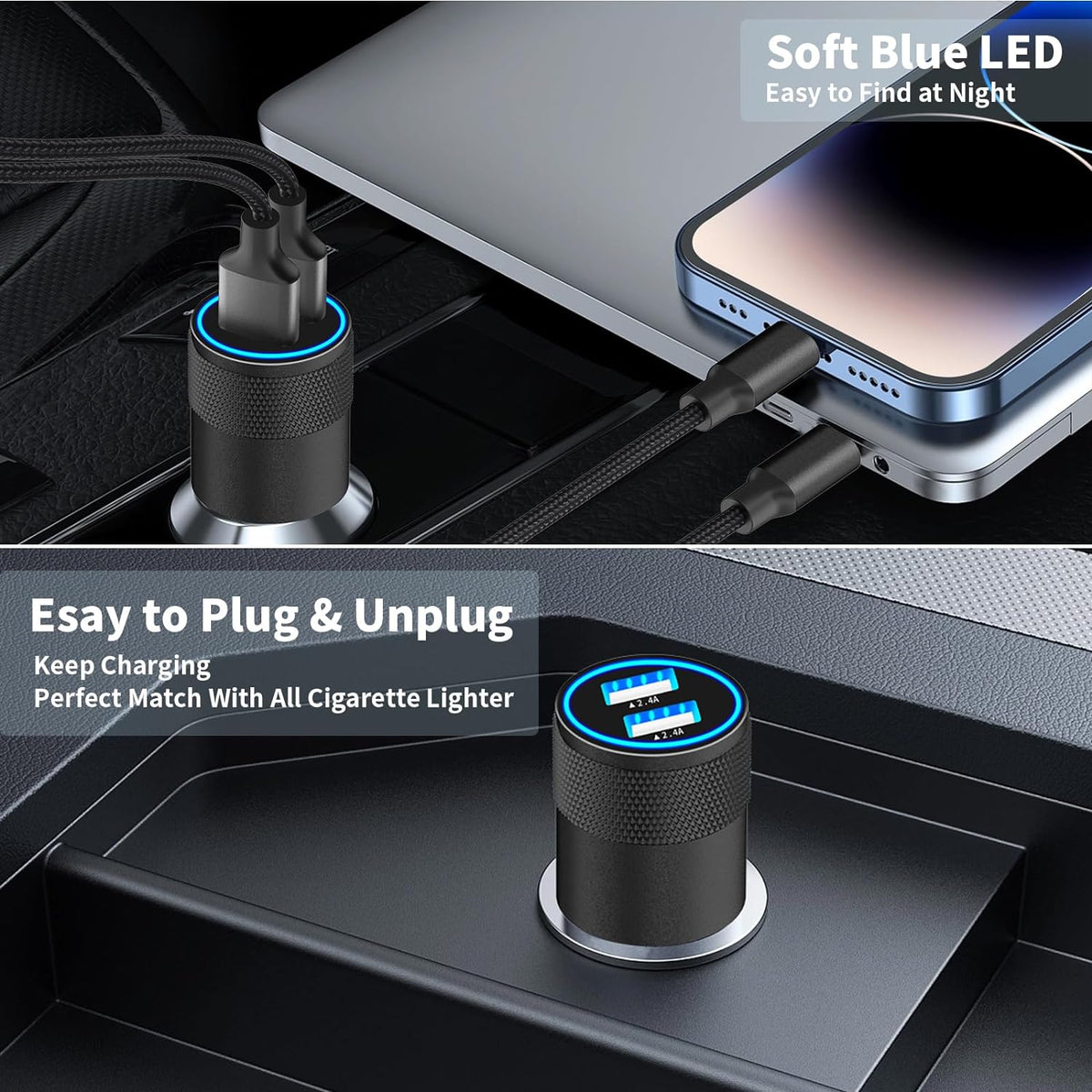 Apple Mfi Certified Iphone Car Charger Fast Charging 4.8A Car Phone Charger | Dual USB Power Cigarette Lighter Adapter + 2Pack Lightning Braided Cord for Iphone 14 13 12 11 Pro XS XR X 8 SE Ipad