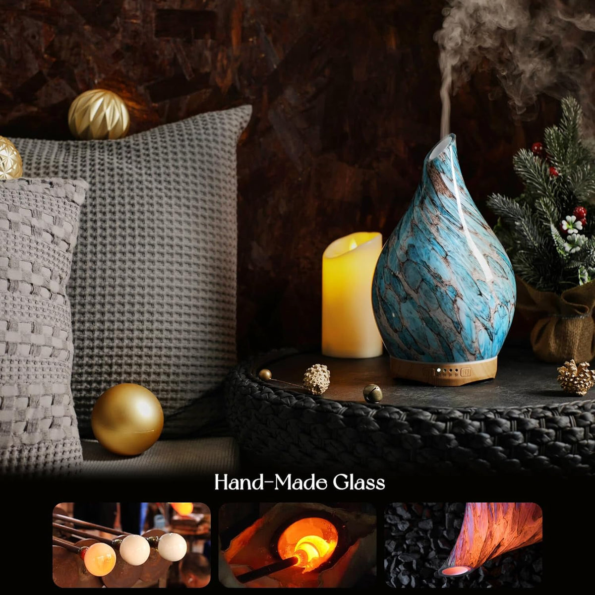 280Ml Remote Essential Oil Diffuser 3D Glass Ultrasonic Mist 7H | Handmade Glass Aroma Diffuser, 7-Color LED Light, Quiet Operation, Auto Shut-Off, Aromatherapy for Home, Bedroom and Gifts