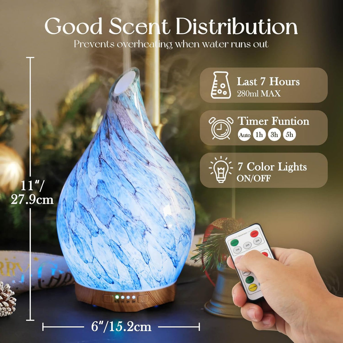 280Ml Remote Essential Oil Diffuser 3D Glass Ultrasonic Mist 7H | Handmade Glass Aroma Diffuser, 7-Color LED Light, Quiet Operation, Auto Shut-Off, Aromatherapy for Home, Bedroom and Gifts