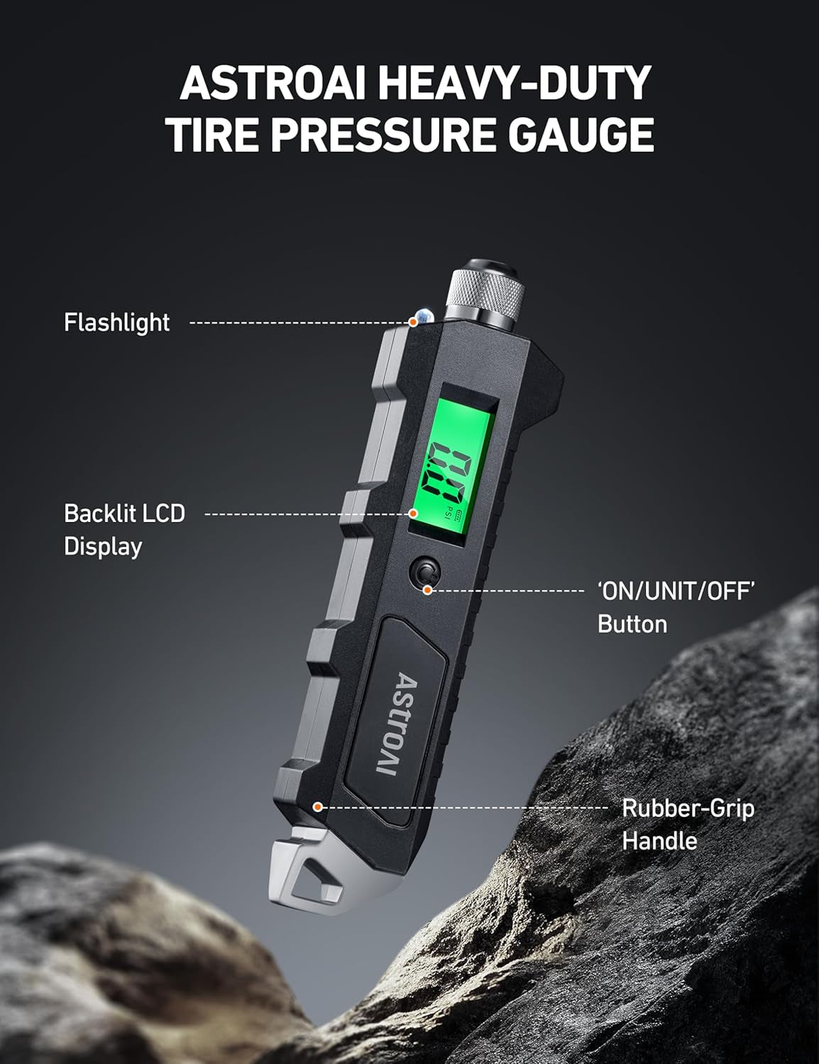 Heavy Duty Digital Tire Pressure Gauge, 230 PSI for Car Bicycle | 4 Settings Heavy Duty Digital Tire Pressure Gaug with Larger Backlit LCD Flashlight and Non-Slip for Car Suv Bicycle, Black